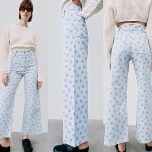 Zara Marine Blue Floral Wide Leg Jeans